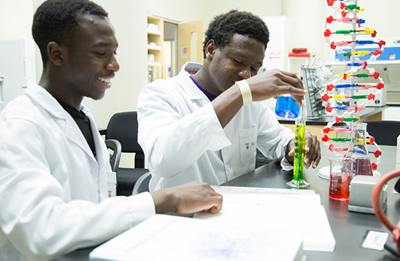 Two students studying chemistry while mixing solutions