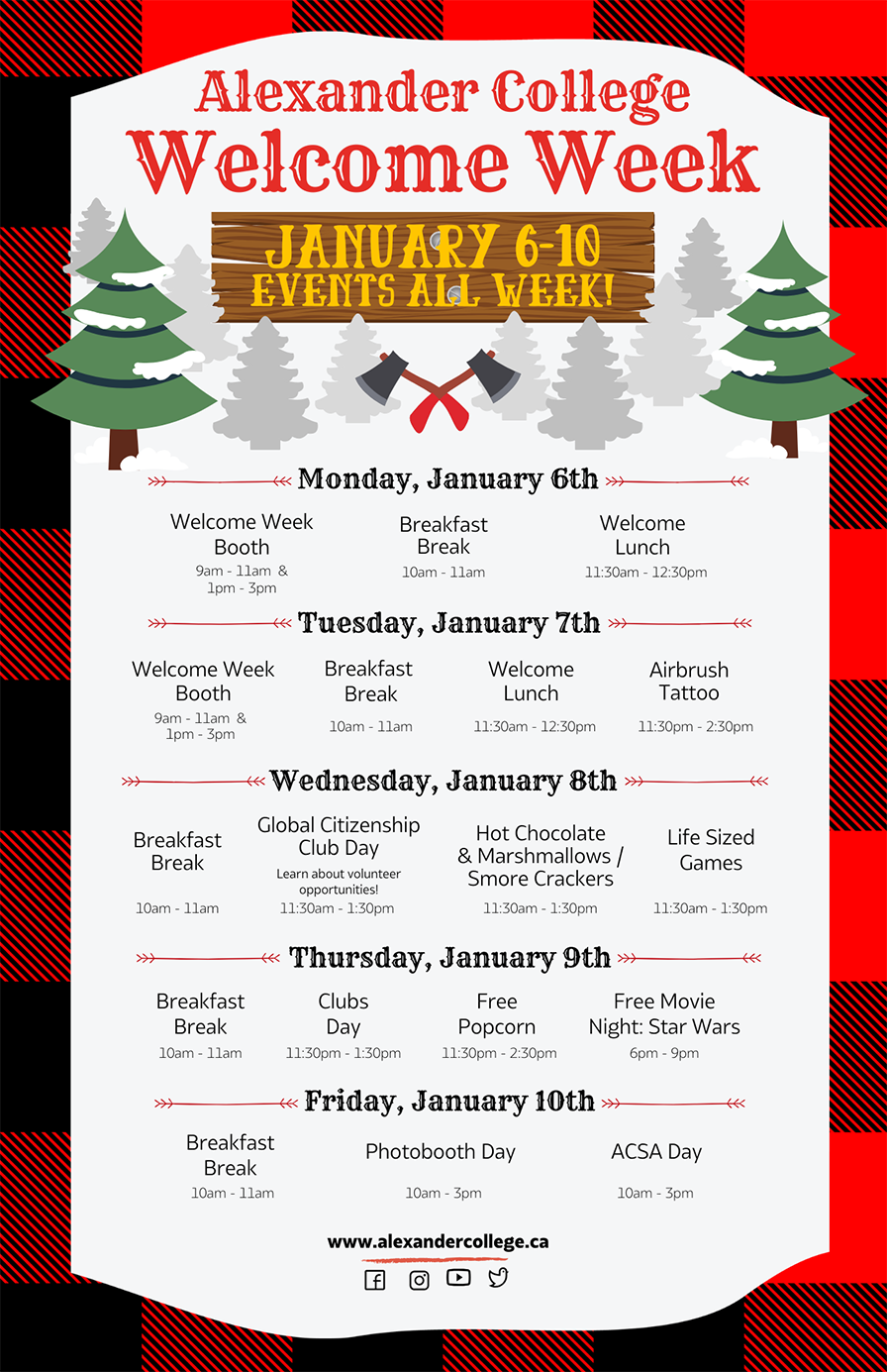 Alexander College winter 2020 Welcome Week schedule 