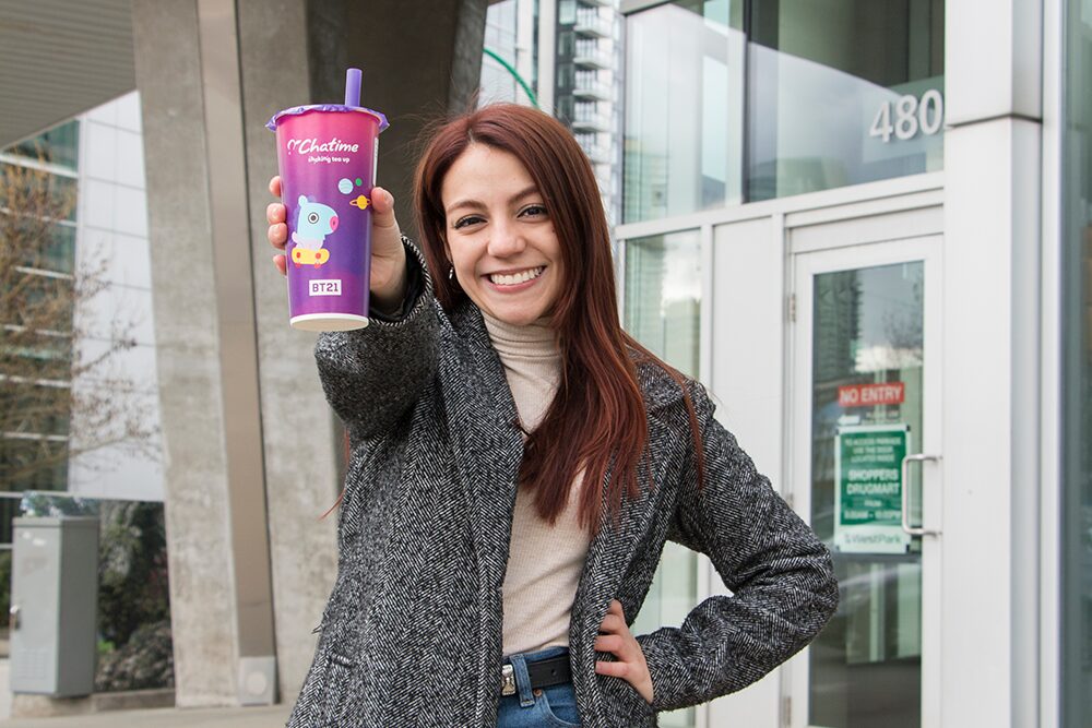 andrea with bt21 chatime cup