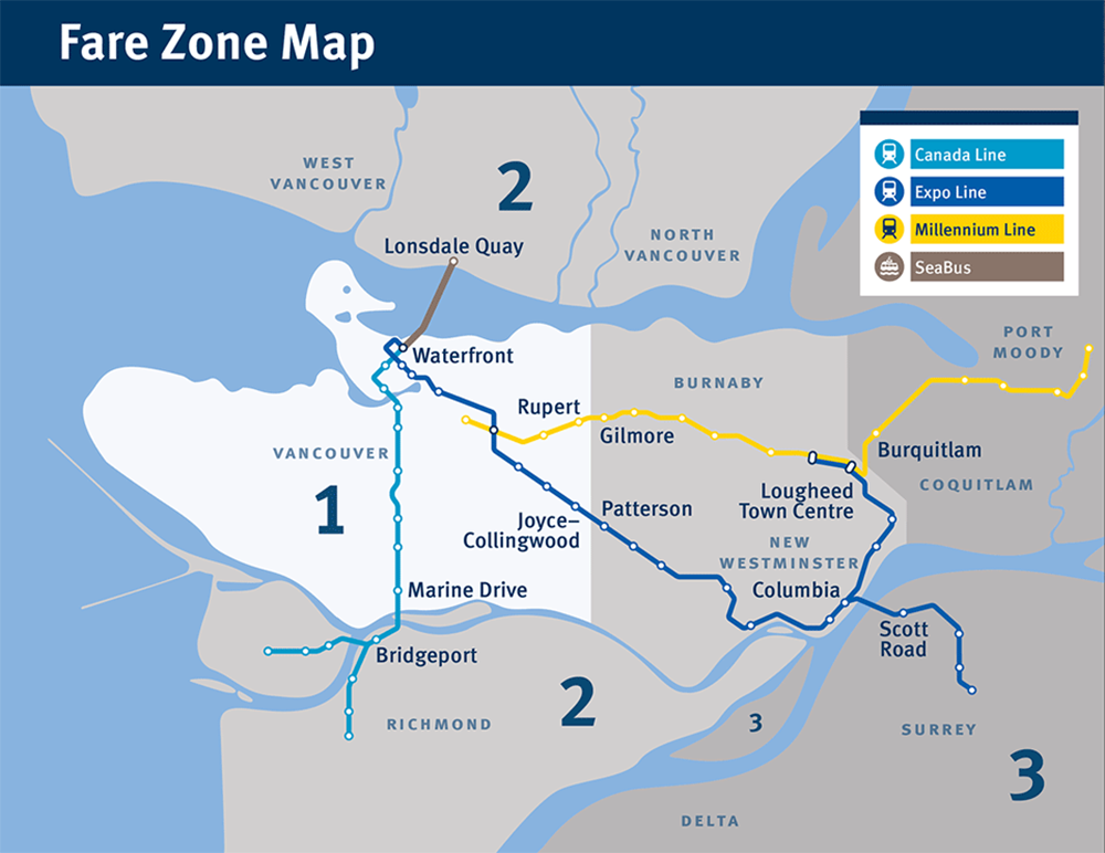 map of the SkyTrain and SeaBus fare zones