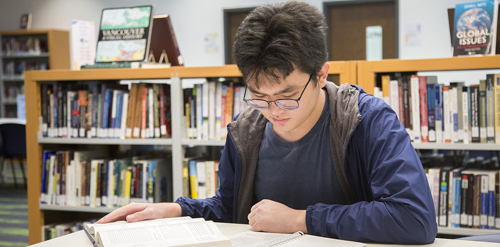 student studying in the library