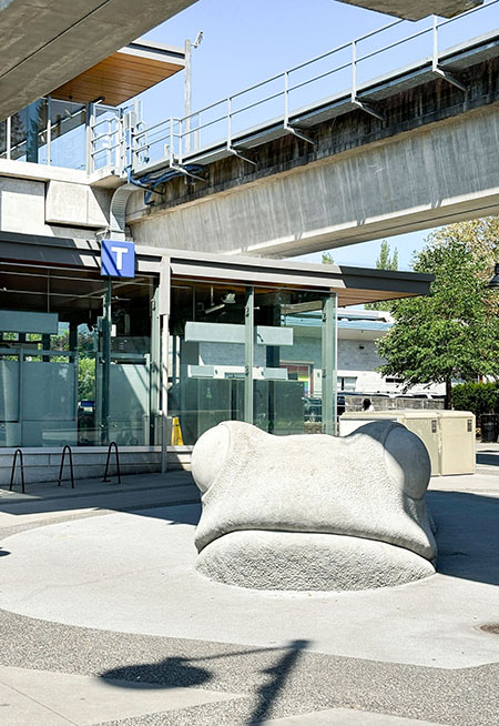 frog statue outside Lafarge Lake-Douglas SkyTrain Station