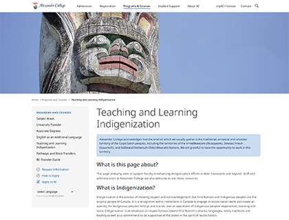 screenshot of the Teaching and Learning Indigenization page