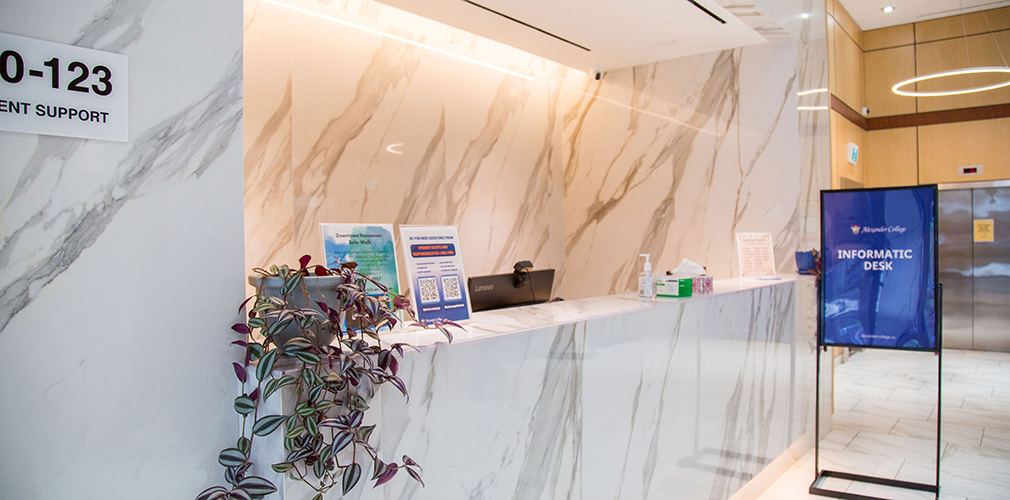 A picture of the front desk at Alexander College Vancouver